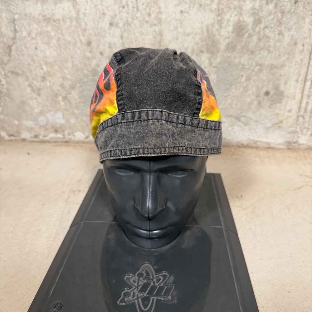 90s vtg ZAN Headgear Flydanna Black Denim Orange Flame Biker Headwrap One Size
